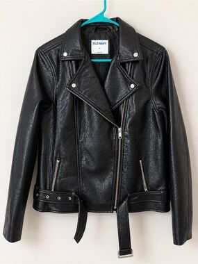 Old Navy Black Faux Leather Moto Jacket with Belt Size M